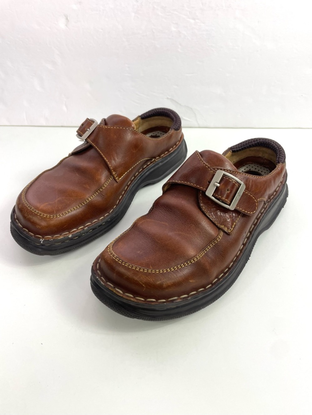 Born Women's Brown Leather Buckle Clog Mules
